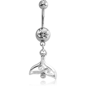 RHODIUM PLATED DOUBLE JEWELLED NAVEL BANANA WITH TAIL FIN CHARM