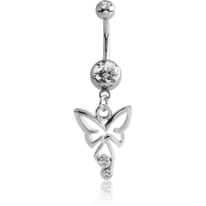 RHODIUM PLATED DOUBLE JEWELLED NAVEL BANANA WITH BUTTERFLY CHARM