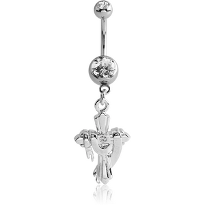 RHODIUM PLATED DOUBLE JEWELLED NAVEL BANANA WITH CROSS CHARM