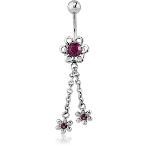 SURGICAL STEEL JEWELLED NAVEL BANANA WITH DANGLING FLOWERS