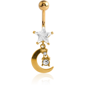 GOLD PVD COATED BRASS JEWELLED STAR NAVEL BANANA WITH MOON CHARM