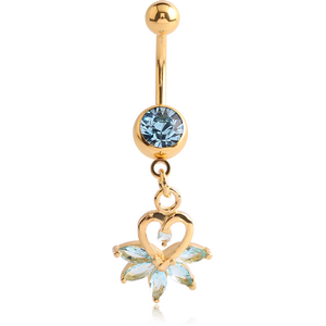 GOLD PVD COATED SURGICAL STEEL JEWELLED NAVEL BANANA WITH JEWELLED HEART CHARM