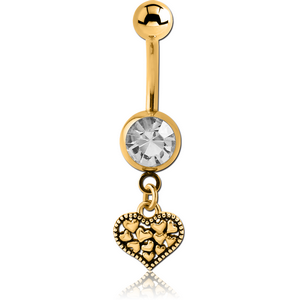 GOLD PVD COATED SURGICAL STEEL JEWELLED NAVEL BANANA WITH CHARM - HEARTS IN HEART