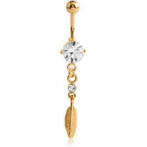 GOLD PVD COATED BRASS JEWELLED NAVEL BANANA WITH DANGLING CHARM - FEATHER