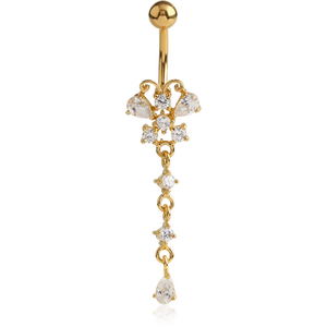 GOLD PVD COATED BRASS JEWELLED BUTTERFLY NAVEL BANANA WITH DANGLING CHARM - PEAR