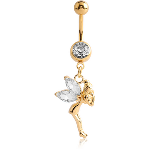 GOLD PVD COATED SURGICAL STEEL JEWELLED NAVEL BANANA WITH DANGLING CHARM - FAIRY