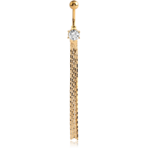 GOLD PVD COATED BRASS PREMIUM CRYSTALS JEWELLED NAVEL BANANA WITH DANGLING CHAINS