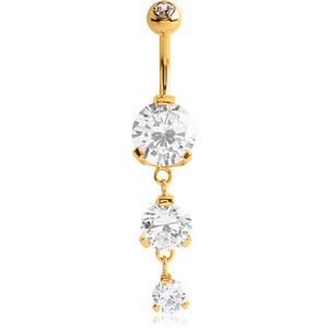 GOLD PVD COATED SURGICAL STEEL TRIPLE ROUND CZ DOUBLE JEWELLED DANGLE NAVEL BANANA