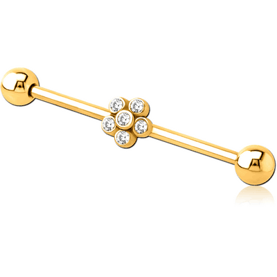 GOLD PVD COATED SURGICAL STEEL INDUSTRIAL BARBELL WITH ADJUSTABLE SLIDING CHARM- FLOWER