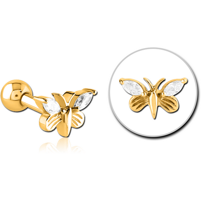 GOLD PVD COATED SURGICAL STEEL JEWELLED TRAGUS MICRO BARBELL - BUTTERFLY