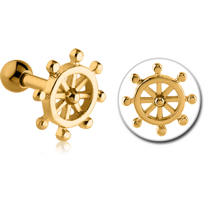 GOLD PVD COATED SURGICAL STEEL TRAGUS MICRO BARBELL - SHIP WHEEL