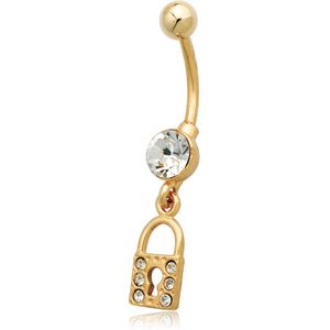 GOLD PVD COATED WHITE METAL JEWELLED NAVEL BANANA WITH DANGLING LOCK