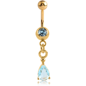 GOLD PVD COATED SURGICAL STEEL SWAROVSKI CRYSTAL JEWELLED MINI NAVEL BANANA WITH PRONG SET PEAR CHARM