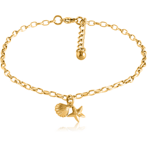 GOLD PVD COATED SURGICAL STEEL OVAL ROLLO CHAIN ANKLET WITH CHARM - SEASHELL STARFISH