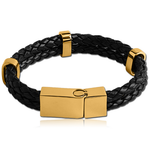 GOLD PVD COATED SURGICAL STEEL BRACELET WITH WEAVED IMITATION LEATHER