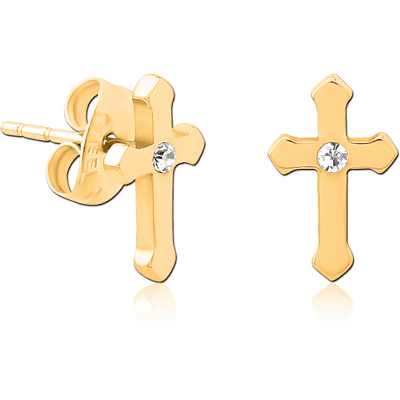 GOLD PVD COATED SURGICAL STEEL JEWELLED EAR STUDS - CROSS