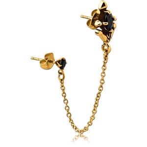 GOLD PVD COATED SURGICAL STEEL JEWELLED EAR STUDS WITH CONNECTING CHAIN - ANCHOR CROSS