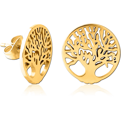 GOLD PVD COATED SURGICAL STEEL EAR STUDS - TREE