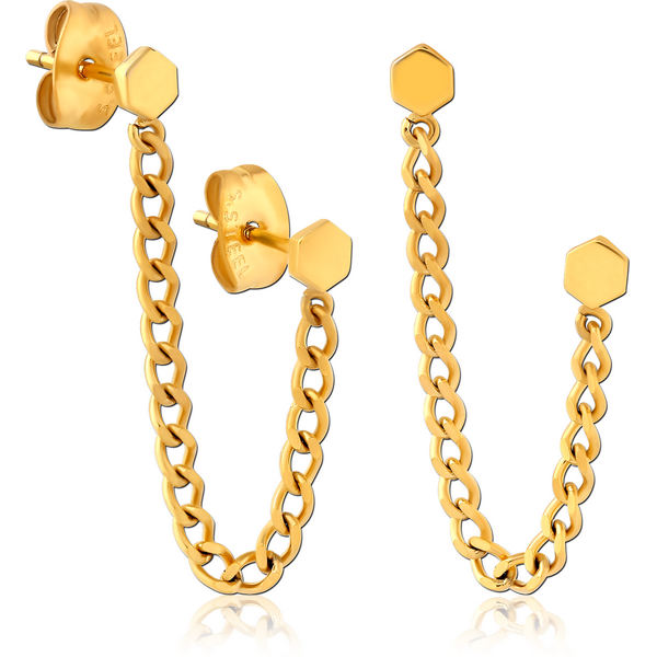 GOLD PVD COATED SURGICAL STEEL EAR STUDS WITH CHAIN