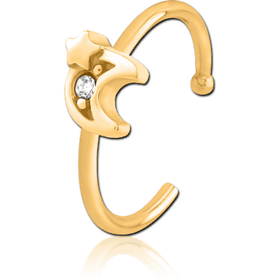 GOLD PVD COATED SURGICAL STEEL JEWELLED OPEN NOSE RING - CRESCENT AND STAR