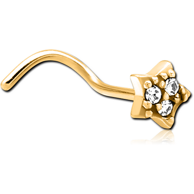 GOLD PVD COATED SURGICAL STEEL CURVED JEWELLED NOSE STUD - STAR