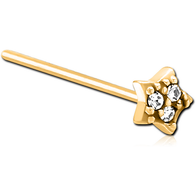 GOLD PVD COATED SURGICAL STEEL STRAIGHT JEWELLED NOSE STUD - STAR