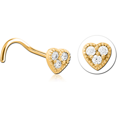 GOLD PVD COATED SURGICAL STEEL CURVED JEWELLED NOSE STUD - HEART