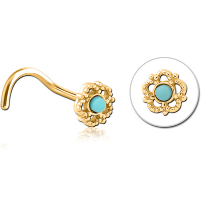 GOLD PVD COATED SURGICAL STEEL CURVED JEWELLED NOSE STUD - FLOWER