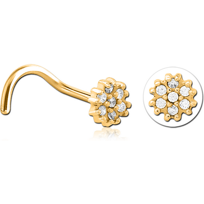 GOLD PVD COATED SURGICAL STEEL CURVED JEWELLED NOSE STUD - FLOWER