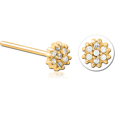 GOLD PVD COATED SURGICAL STEEL STRAIGHT JEWELLED NOSE STUD - FLOWER