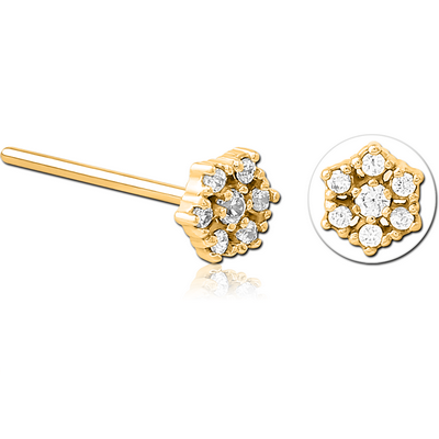 GOLD PVD COATED SURGICAL STEEL STRAIGHT JEWELLED NOSE STUD - FLOWER