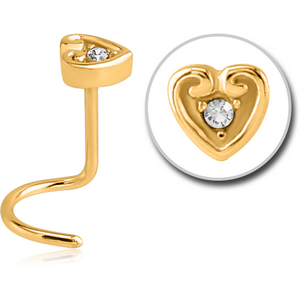 GOLD PVD COATED SURGICAL STEEL JEWELLED LARGE CURVE NOSE STUD - HEART