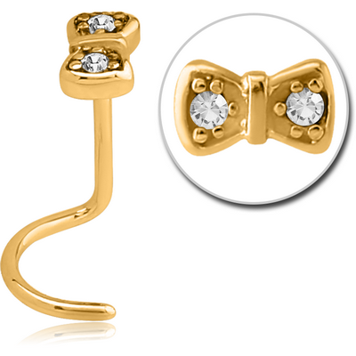 GOLD PVD COATED SURGICAL STEEL JEWELLED LARGE CURVE NOSE STUD - BOW