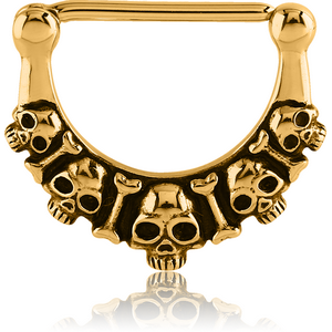 GOLD PVD COATED SURGICAL STEEL NIPPLE CLICKER - SKULLS AND BONES