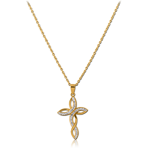 GOLD PVD COATED SURGICAL STEEL NECKLACE JEWELLED PENDANT - CROSS