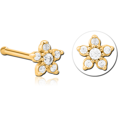 GOLD PVD COATED SURGICAL STEEL JEWELLED NOSE BONE - FLOWER