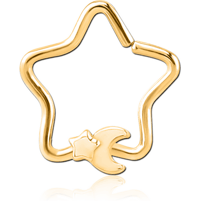 GOLD PVD COATED SURGICAL STEEL OPEN STAR SEAMLESS RING - CRESCENT AND STAR