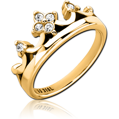 GOLD PVD COATED SURGICAL STEEL JEWELLED RING - CROWN