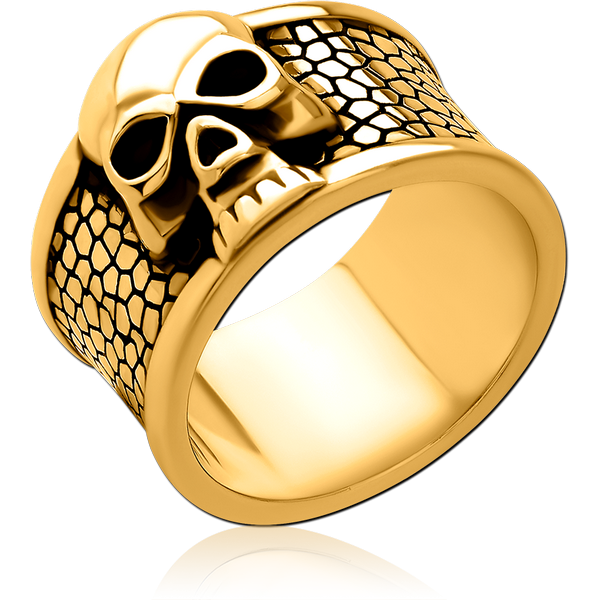 GOLD PVD COATED SURGICAL STEEL RING - WIDE BAND SKULL ON TEXTURE