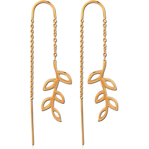 STERLING SILVER 925 GOLD PVD COATED CHAIN EARRINGS PAIR - LEAF