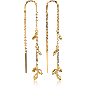 STERLING SILVER 925 GOLD PVD COATED CHAIN EARRINGS PAIR - LEAVES