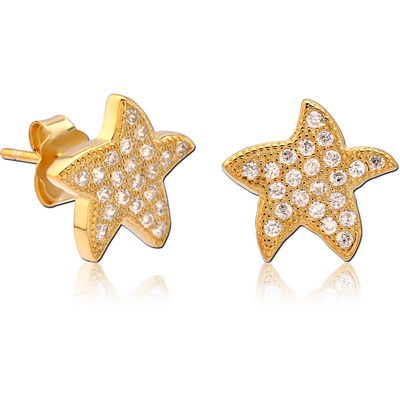 STERLING SILVER 925 GOLD PVD COATED JEWELLED EAR STUDS PAIR - STARFISH