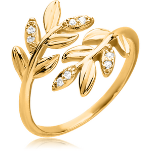 STERLING SILVER 925 GOLD PVD COATED JEWELLED OPEN RING - LEAF