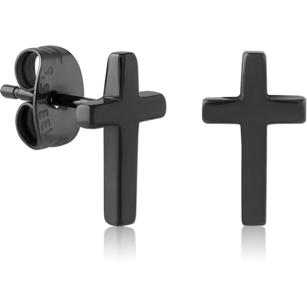 HEMETITE PVD COATED SURGICAL STEEL EAR STUDS PAIR - CROSS