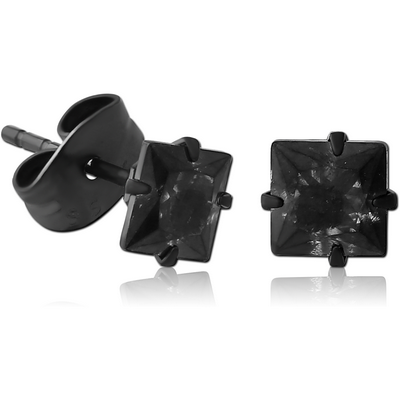 HEMETITE PVD COATED SURGICAL STEEL SQUARE PRONG SET JEWELLED EAR STUDS PAIR