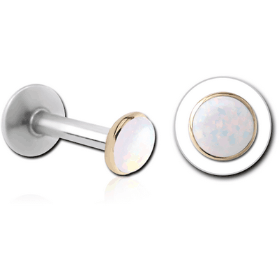 14K GOLD SYNTHETIC OPAL JEWELLED ATTACHMENT WITH SURGICAL STEEL INTERNALLY THREADED MICRO LABRET PIN