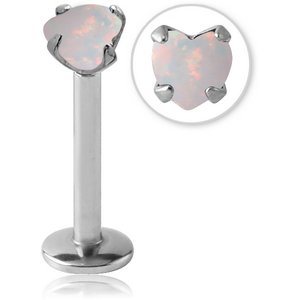 SURGICAL STEEL INTERNALLY THREADED MICRO LABRET WITH PRONG SET HEART SYNTHETIC OPAL ATTACHMENT