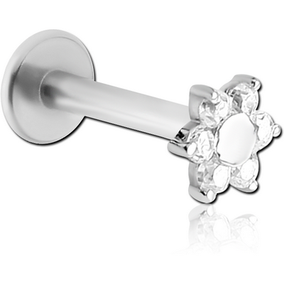 14K WHITE GOLD JEWELLED ATTACHMENT WITH SURGICAL STEEL INTERNALLY THREADED MICRO LABRET PIN -FLOWER