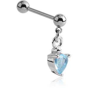 SURGICAL STEEL MICRO BARBELL WITH DANGLING PRONG SET HEART CHARM