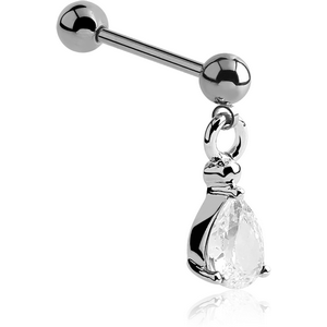 SURGICAL STEEL MICRO BARBELL WITH DANGLING TEAR DROP JEWELLED CHARM